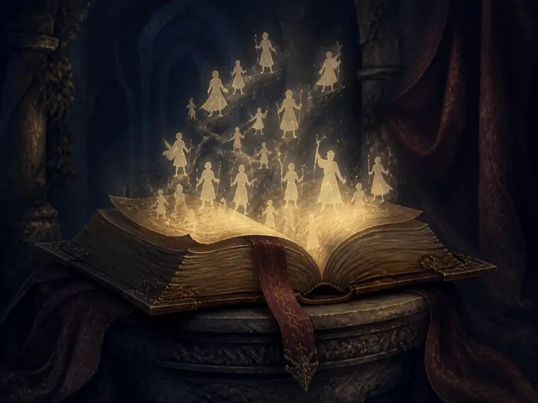 Illustrazione di un antico libro aperto da cui emergono sagome luminose di eroi, simbolo del gioco Book of Heroes