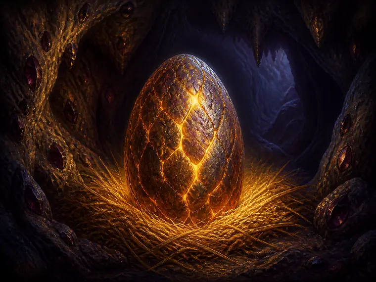 Illustrazione di un uovo di drago luminoso in una grotta, simbolo del gioco Dragon Egg