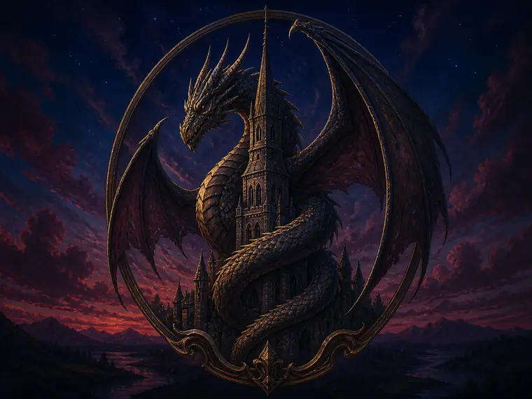 Illustrazione di un drago avvolto attorno a una torre di castello, simbolo del gioco Dragon Lord