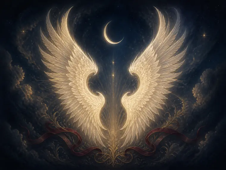 Illustrazione di due ali luminose sotto una luna crescente, simbolo del gioco League of Angels III