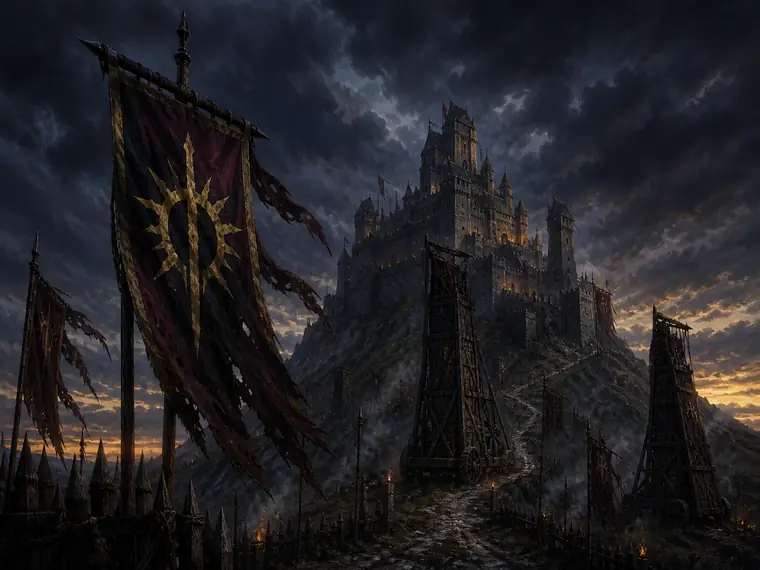 Illustrazione di una fortezza fantasy assediata al crepuscolo, simbolo del gioco Wartime